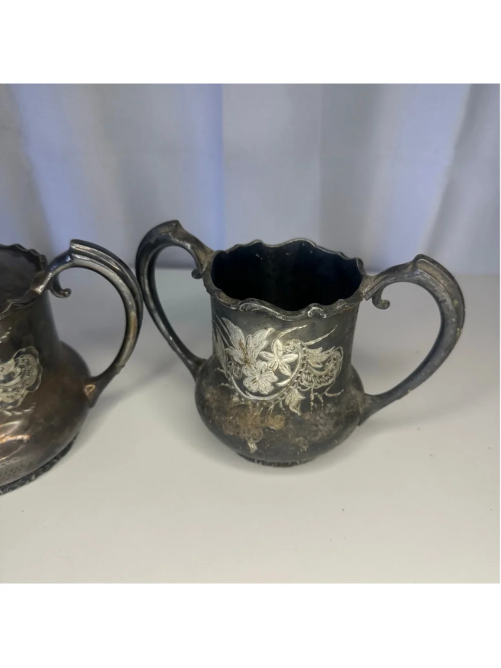 Antique Meriden B Company Quadruple Silverplate Sugar Bowl Set 132 Floral Etched